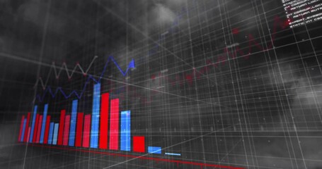 Poster - animation of financial data processing over clouds on sky