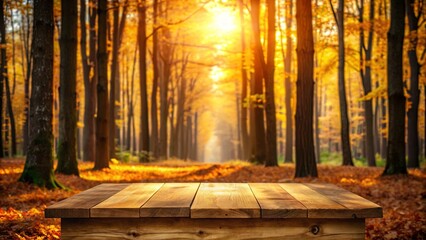 Sticker - A Rustic Wooden Tabletop in Front of a Golden Autumnal Forest with Warm Sunlight Filtering Through the Trees