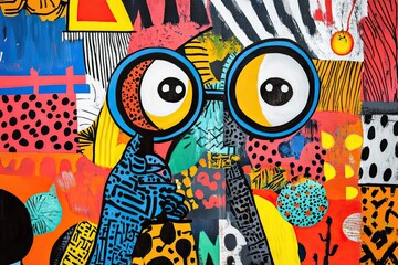 Poster - Abstract Colorful Painting with Large Eyes and Geometric Patterns