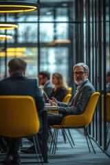 Poster - Business professionals engage in a productive meeting in a modern office setting with natural lighting and a collaborative atmosphere