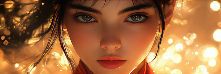 Wall Mural - Close-up portrait of a young woman with dark hair and intense brown eyes.  A warm, golden glow surrounds her.