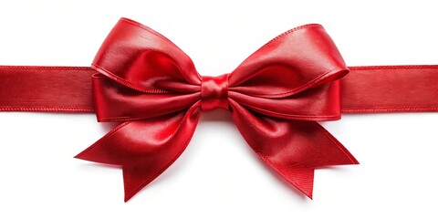 Sticker - A classic red ribbon bow with a center knot,  a symbol of celebration and festivity, adorns a pristine white backdrop.