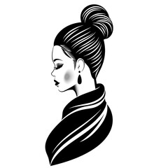 Sticker - A woman with a bun on her head and earrings. She is wearing a scarf. The image is black and white