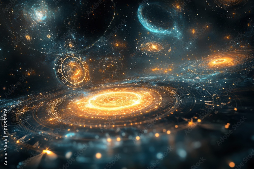 Abstract representation of time and space, with swirling galaxies ...