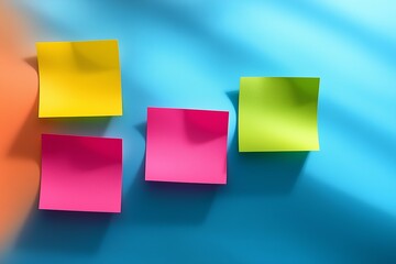Poster - Row of colorful sticky notes are on a blue background. The notes are in the colors pink, yellow, green, orange. bright stickers, overhead view with long shadows, and a solid complimentary background,