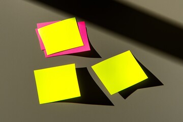 Poster - Row of colorful sticky notes are on a blue background. The notes are in the colors pink, yellow, green, orange. bright stickers, overhead view with long shadows, and a solid complimentary background,