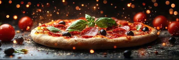 Poster - Delicious Pepperoni Pizza with Basil