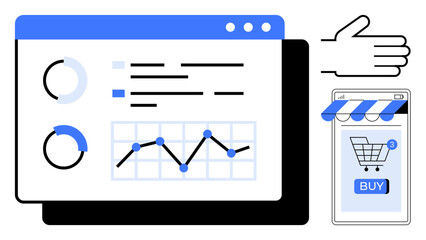 Data visualizations, charts, and graphs on a screen with a hand pointing towards an online cart on a mobile device. Ideal for e-commerce, data analytics, business insights, mobile shopping