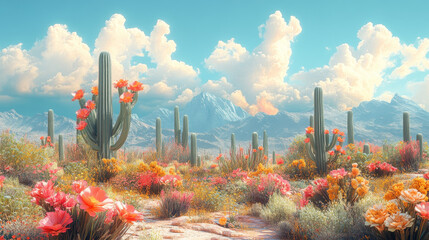 Canvas Print - A vibrant desert landscape with blooming cacti and wildflowers against a backdrop of majestic mountains.