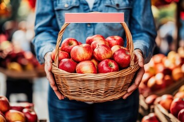 A person holds a basket of fresh red apples at a market, showcasing vibrant produce and a rustic setting perfect for autumn themes.