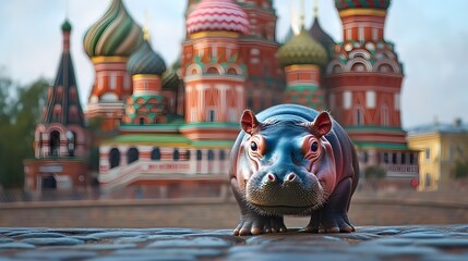 89. Baby pygmy hippo standing near the Red Square in Moscow with the colorful domes of St. Basil's Cathedral in the background