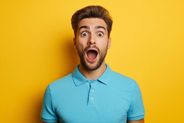 Poster - Man with a blue shirt and a beard is looking at the camera with his mouth open. handsome man with a beard, wearing a blue polo shirt, is surprised, isolated on a yellow background with copy space.