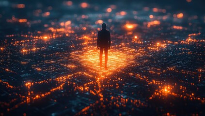 Poster - Silhouette of a Man Overlooking a City of Lights