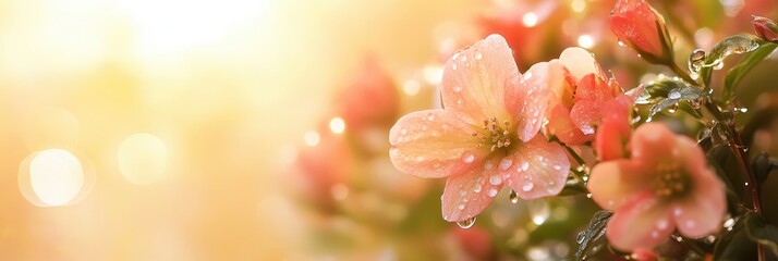 Sticker - Soft petals adorned with water droplets shine brightly as morning sunlight filters through a tranquil garden space. Generative AI