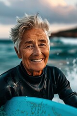 Poster - A woman smiles while holding a surfboard in the water. AI.