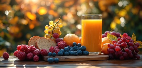 Poster - Fresh Fruit and Juice on a Wooden Table