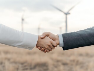 A close-up of two hands shaking, symbolizing partnership and collaboration in a natural setting with wind turbines in the background.