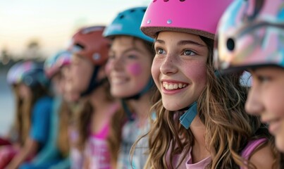 Poster - A group of friends wearing helmets smiles for the camera. AI.