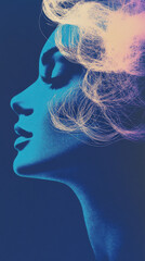 Wall Mural - A woman with her eyes closed, her hair styled in a dramatic fashion with a blue and pink filter.