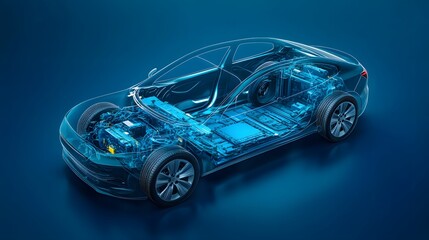 An illustration of an electric car lithium battery pack with power connections, showcasing the core of modern automotive technology in vibrant blue tones