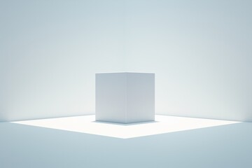 Poster - A solitary white cube illuminated in a minimalistic room with soft lighting and blank walls