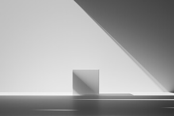 Poster - Minimalist composition of a white cube on a surface illuminated by sharp shadows in a modern setting