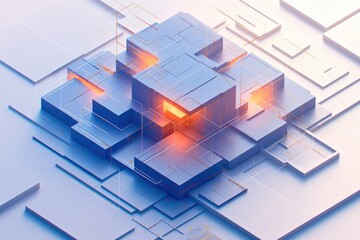 Poster - Abstract geometric design featuring illuminated blocks with intricate lines on a light background