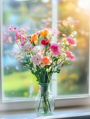 Wall Mural - Brightly colored flowers in a glass vase are placed by a sunny window, creating a cheerful atmosphere in the room. Generative AI