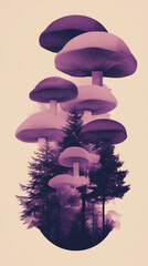 Canvas Print - Purple and pink mushrooms form a whimsical canopy over a forest scene in this surreal digital artwork.