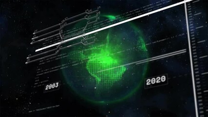 Poster - animation of circuit board and data processing over globe on dark background