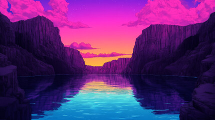 Poster - A serene lake nestled between towering cliffs, bathed in the vibrant hues of a sunset sky.