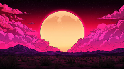 Sticker - A large, luminous moon hangs in a vibrant pink and red sky, casting an ethereal glow over a desert landscape.