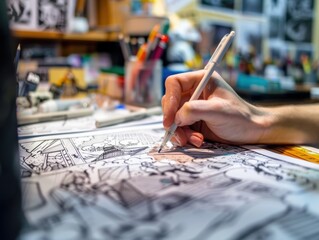 Poster - Hand inking comic strip panel close up view
