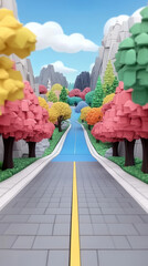 Canvas Print - A colorful, cartoon-like landscape with a road leading through a valley of trees and mountains.