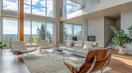 Interior design with neutral modern chairs, high perspective view, large clear windows, sophisticated and calm feel