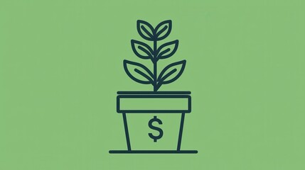 Money Gardening Outline of a flowerpot with a dollar sign growing from it, on a plain, green background,