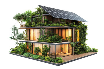 Aufkleber - Sustainable house design featuring greenery, solar panels, and modern architecture on a white isolated background.
