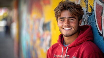 Canvas Print - Smiling Young Man Leaning Against Colorful Wall