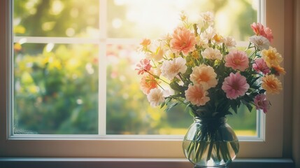 Wall Mural - Brightly colored flowers in a vase on a windowsill glow in the warm sunlight, creating a cheerful atmosphere in the room. Generative AI