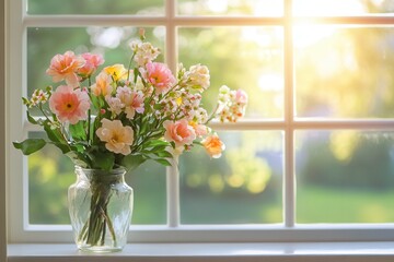 Sticker - A vibrant bouquet of flowers sits in a glass vase on a window sill, glowing in the soft sunlight of the evening. Generative AI