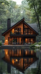 Poster - A large house with a pool and a forest in the background
