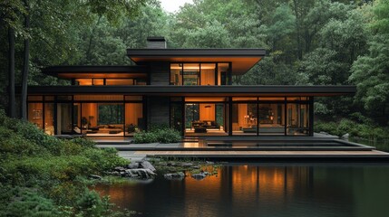 Poster - A large house with a pool and a fireplace