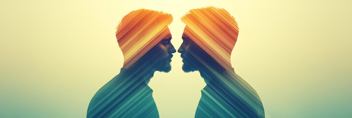 Poster - Double exposure portrait of two men facing each other.