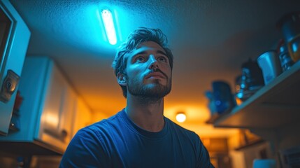 Poster - Man Looking Up in Blue Light