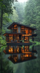 Poster - A large house with a pool and a forest in the background