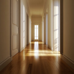 Modern Minimalist Hallway with Warm Ambient Lighting, Wooden Flooring, and Simple Contemporary Decor in a Stylish Home Interior