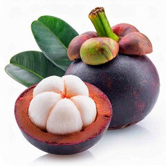 mangosteen with leaves isolated on white background