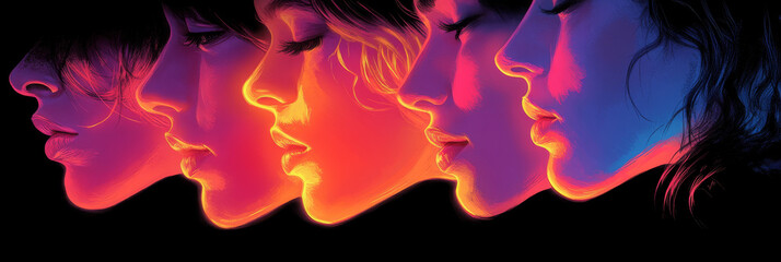 Wall Mural - Four women's faces are illuminated in neon pink and blue light.