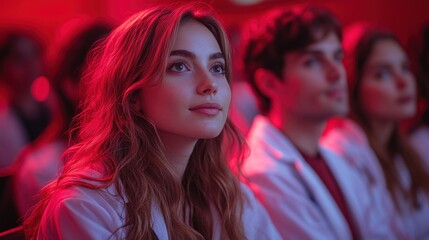 Canvas Print - Young Woman in Red Light Looking Up