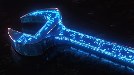 A blue wrench spanner with glowing binary code wrapped around it, symbolizing digital engineering.